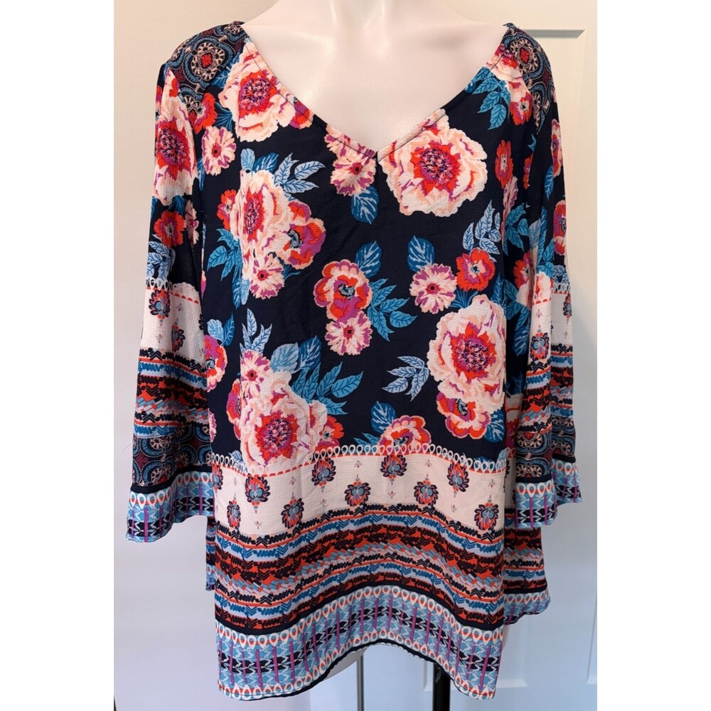 FIG &  FLOWER Womens TOP Boho BLUE Pink 3/4 Sleeve FLORAL V-Neck Size 2X